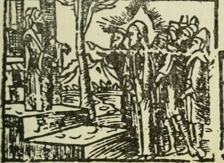 An illustration from Új testamentu maar ellven, mellet az görög és diák ellvbol ... fordijtant [Sylvester János.], 1541, leaf 158