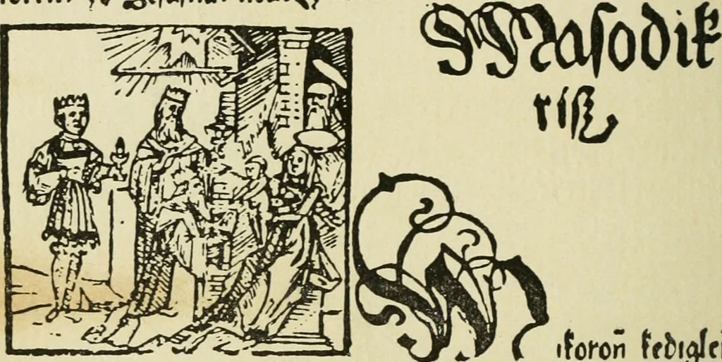 An illustration from Új testamentu maar ellven, mellet az görög és diák ellvbol ... fordijtant [Sylvester János.], 1541, leaf 17