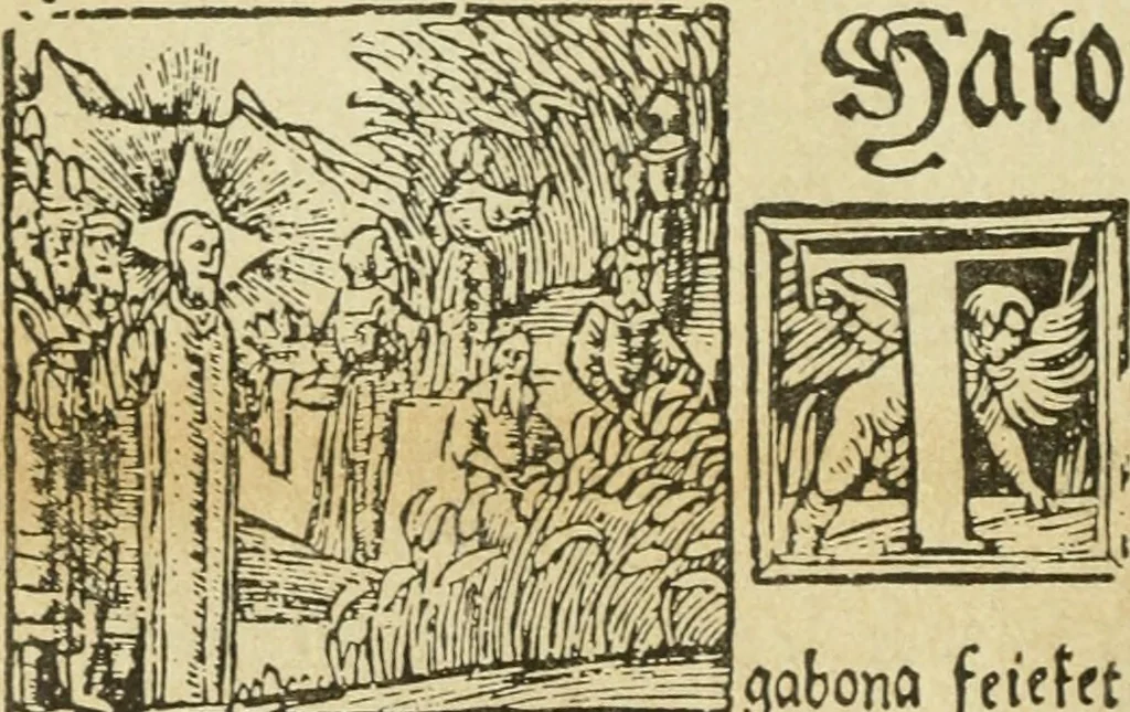 An illustration from Új testamentu maar ellven, mellet az görög és diák ellvbol ... fordijtant [Sylvester János.], 1541, leaf 185