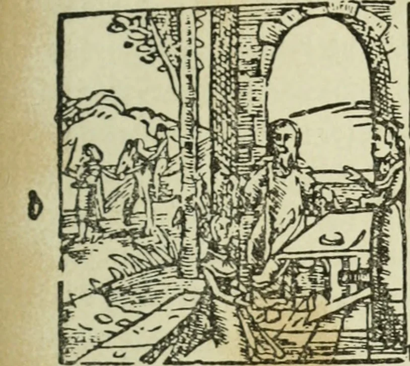 An illustration from Új testamentu maar ellven, mellet az görög és diák ellvbol ... fordijtant [Sylvester János.], 1541, leaf 204