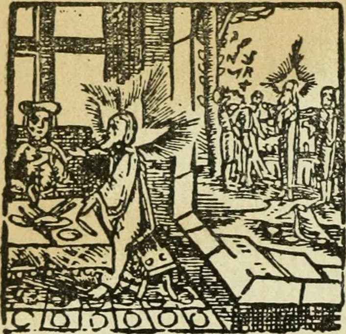 An illustration from Új testamentu maar ellven, mellet az görög és diák ellvbol ... fordijtant [Sylvester János.], 1541, leaf 207