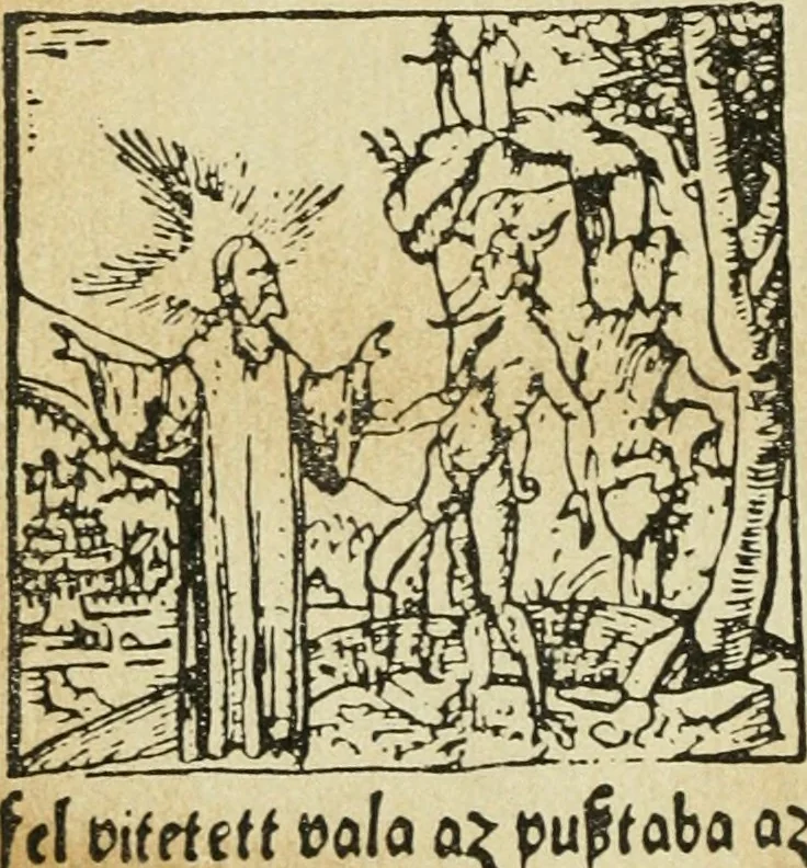 An illustration from Új testamentu maar ellven, mellet az görög és diák ellvbol ... fordijtant [Sylvester János.], 1541, leaf 21