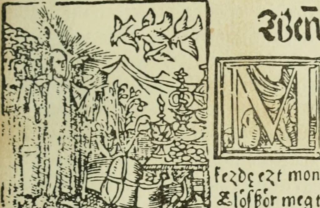 An illustration from Új testamentu maar ellven, mellet az görög és diák ellvbol ... fordijtant [Sylvester János.], 1541, leaf 212