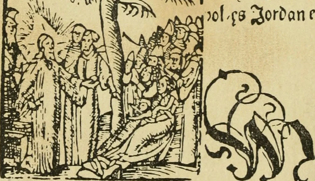 An illustration from Új testamentu maar ellven, mellet az görög és diák ellvbol ... fordijtant [Sylvester János.], 1541, leaf 23