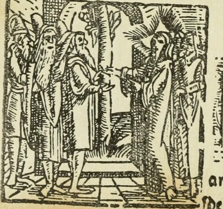 An illustration from Új testamentu maar ellven, mellet az görög és diák ellvbol ... fordijtant [Sylvester János.], 1541, leaf 237