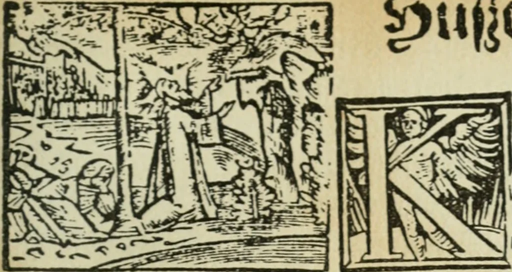 An illustration from Új testamentu maar ellven, mellet az görög és diák ellvbol ... fordijtant [Sylvester János.], 1541, leaf 244