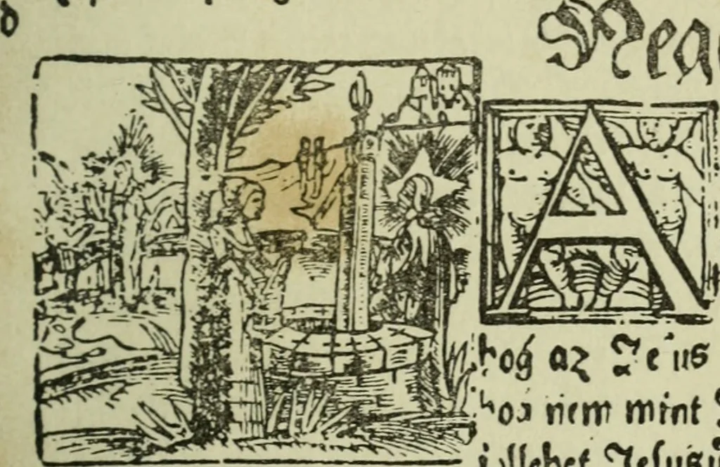 An illustration from Új testamentu maar ellven, mellet az görög és diák ellvbol ... fordijtant [Sylvester János.], 1541, leaf 268