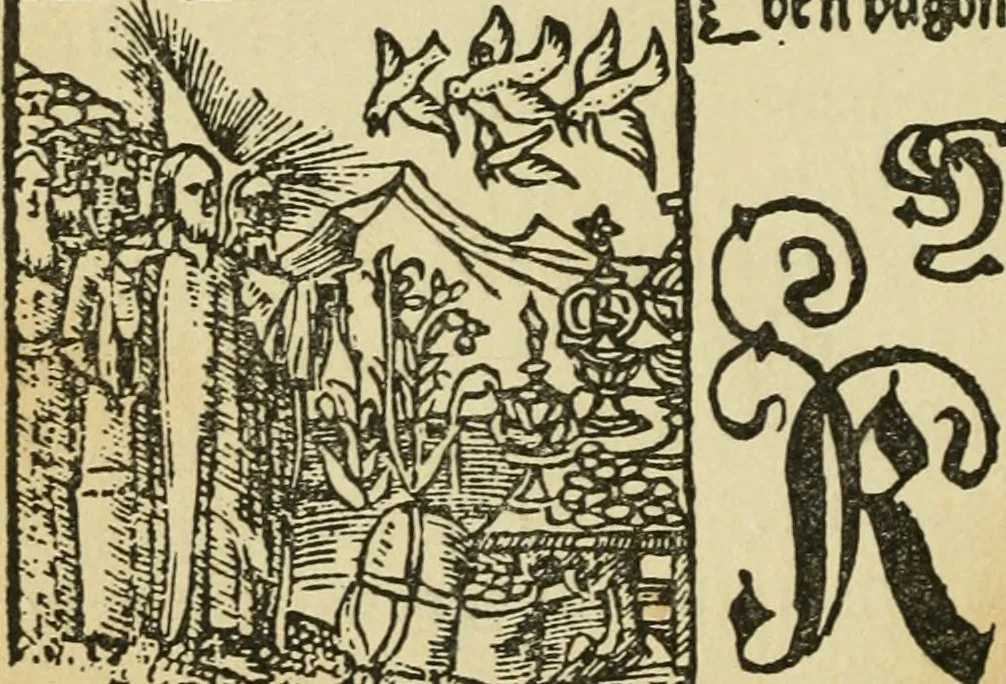 An illustration from Új testamentu maar ellven, mellet az görög és diák ellvbol ... fordijtant [Sylvester János.], 1541, leaf 27