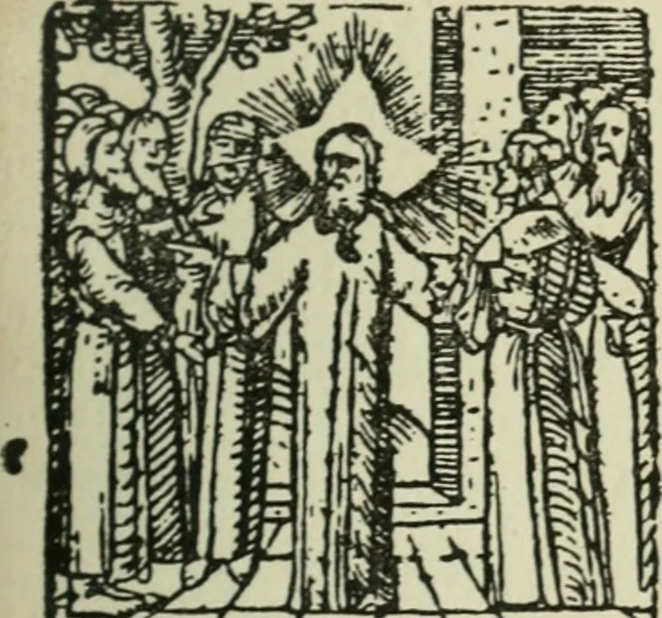 An illustration from Új testamentu maar ellven, mellet az görög és diák ellvbol ... fordijtant [Sylvester János.], 1541, leaf 308