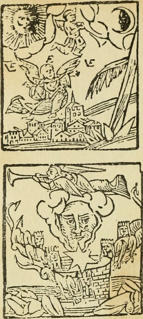 An illustration from Új testamentu maar ellven, mellet az görög és diák ellvbol ... fordijtant [Sylvester János.], 1541, leaf 715