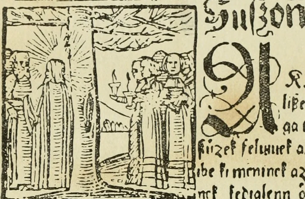 An illustration from Új testamentu maar ellven, mellet az görög és diák ellvbol ... fordijtant [Sylvester János.], 1541, leaf 89