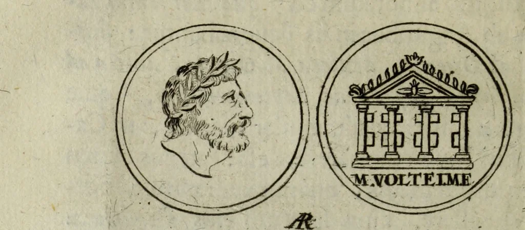 An illustration from Justi Rycquii De Capitolio romano commentarius : in quo illustria ejus olim aedificia, sacra, & profana : deorum dearumque nomina : arcus item triumphales, columnae, statuae, tropaea, colossi, caeteraque ornamenta ad curate describuntur : & plura alia antiquitatis monimenta proferuntur, emendantur, explicantur : figuris aenis & notis viri philologi illustrata & aucta, 1696, leaf 133
