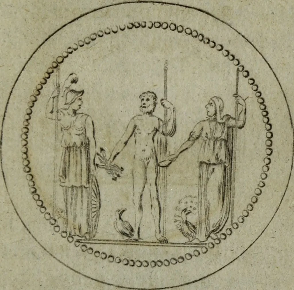 An illustration from Justi Rycquii De Capitolio romano commentarius : in quo illustria ejus olim aedificia, sacra, & profana : deorum dearumque nomina : arcus item triumphales, columnae, statuae, tropaea, colossi, caeteraque ornamenta ad curate describuntur : & plura alia antiquitatis monimenta proferuntur, emendantur, explicantur : figuris aenis & notis viri philologi illustrata & aucta, 1696, leaf 150