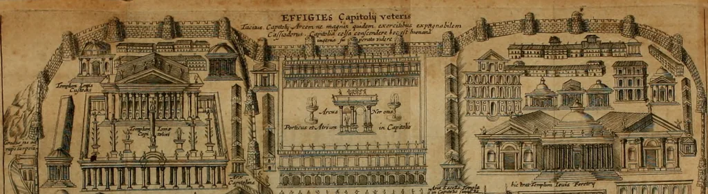 An illustration from Justi Rycquii De Capitolio romano commentarius : in quo illustria ejus olim aedificia, sacra, & profana : deorum dearumque nomina : arcus item triumphales, columnae, statuae, tropaea, colossi, caeteraque ornamenta ad curate describuntur : & plura alia antiquitatis monimenta proferuntur, emendantur, explicantur : figuris aenis & notis viri philologi illustrata & aucta, 1696, leaf 17