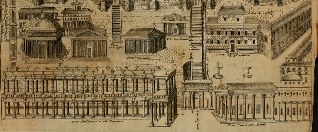 An illustration from Justi Rycquii De Capitolio romano commentarius : in quo illustria ejus olim aedificia, sacra, & profana : deorum dearumque nomina : arcus item triumphales, columnae, statuae, tropaea, colossi, caeteraque ornamenta ad curate describuntur : & plura alia antiquitatis monimenta proferuntur, emendantur, explicantur : figuris aenis & notis viri philologi illustrata & aucta, 1696, leaf 17