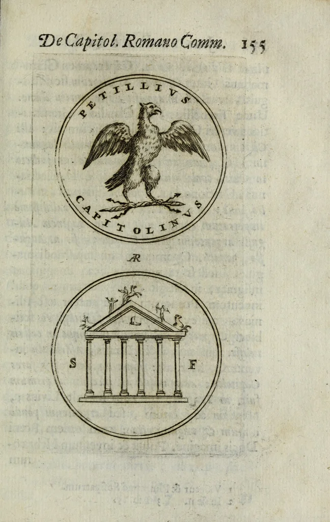 An illustration from Justi Rycquii De Capitolio romano commentarius : in quo illustria ejus olim aedificia, sacra, & profana : deorum dearumque nomina : arcus item triumphales, columnae, statuae, tropaea, colossi, caeteraque ornamenta ad curate describuntur : & plura alia antiquitatis monimenta proferuntur, emendantur, explicantur : figuris aenis & notis viri philologi illustrata & aucta, 1696, leaf 172