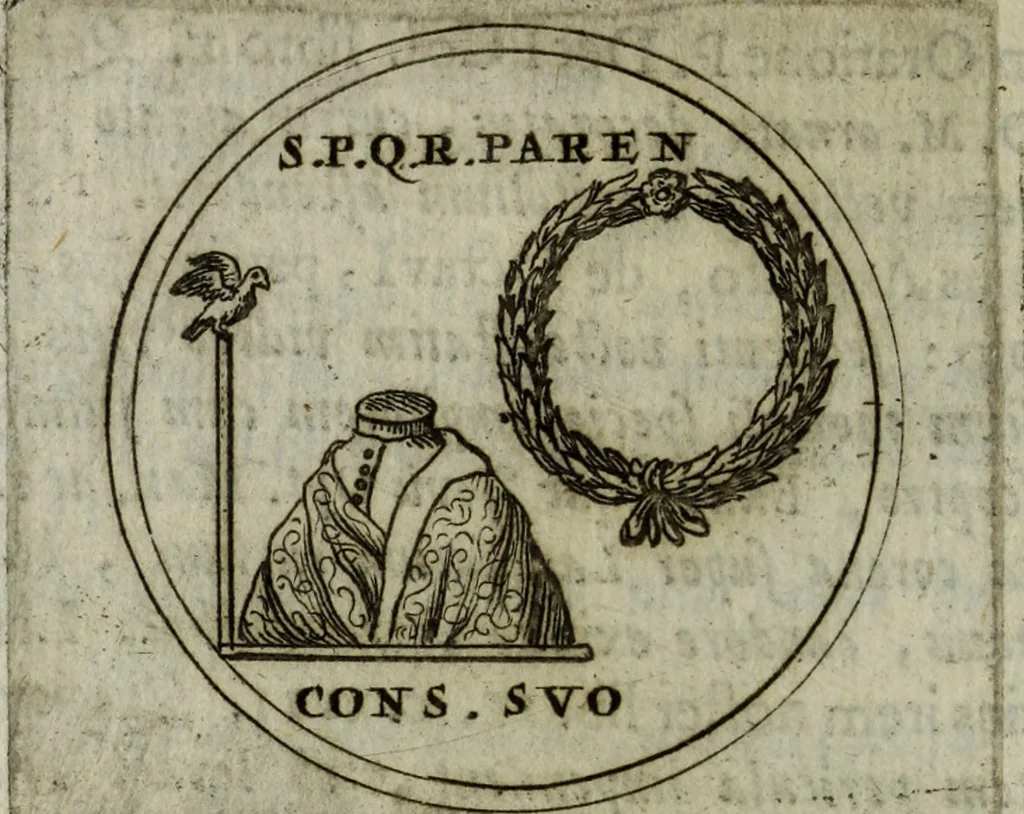 An illustration from Justi Rycquii De Capitolio romano commentarius : in quo illustria ejus olim aedificia, sacra, & profana : deorum dearumque nomina : arcus item triumphales, columnae, statuae, tropaea, colossi, caeteraque ornamenta ad curate describuntur : & plura alia antiquitatis monimenta proferuntur, emendantur, explicantur : figuris aenis & notis viri philologi illustrata & aucta, 1696, leaf 213