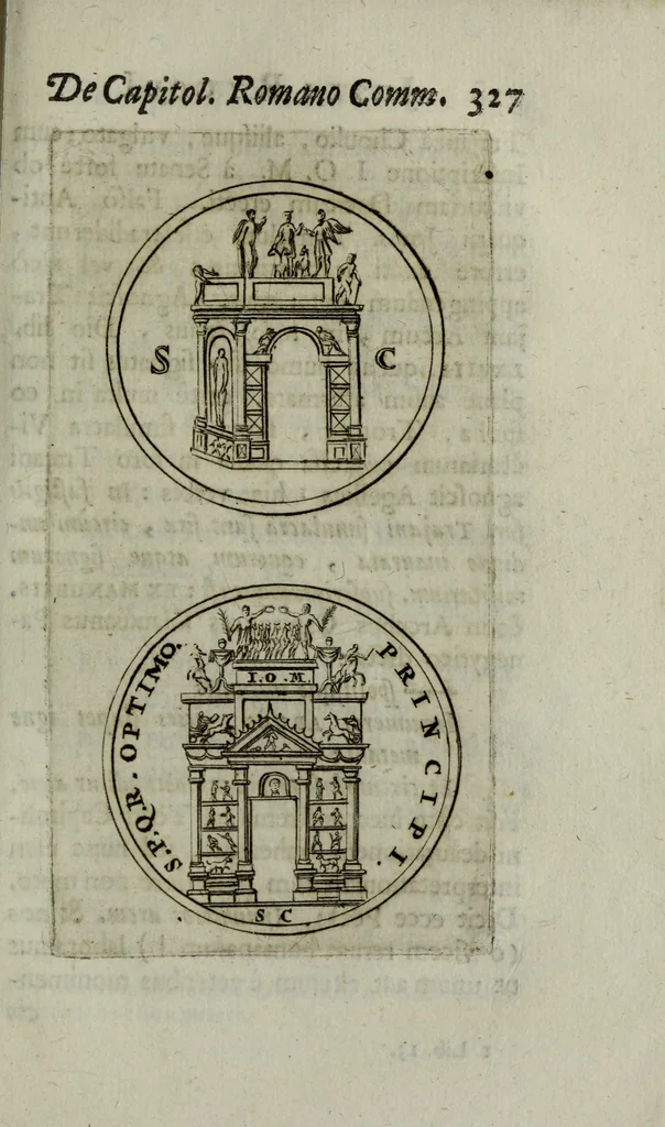 An illustration from Justi Rycquii De Capitolio romano commentarius : in quo illustria ejus olim aedificia, sacra, & profana : deorum dearumque nomina : arcus item triumphales, columnae, statuae, tropaea, colossi, caeteraque ornamenta ad curate describuntur : & plura alia antiquitatis monimenta proferuntur, emendantur, explicantur : figuris aenis & notis viri philologi illustrata & aucta, 1696, leaf 344