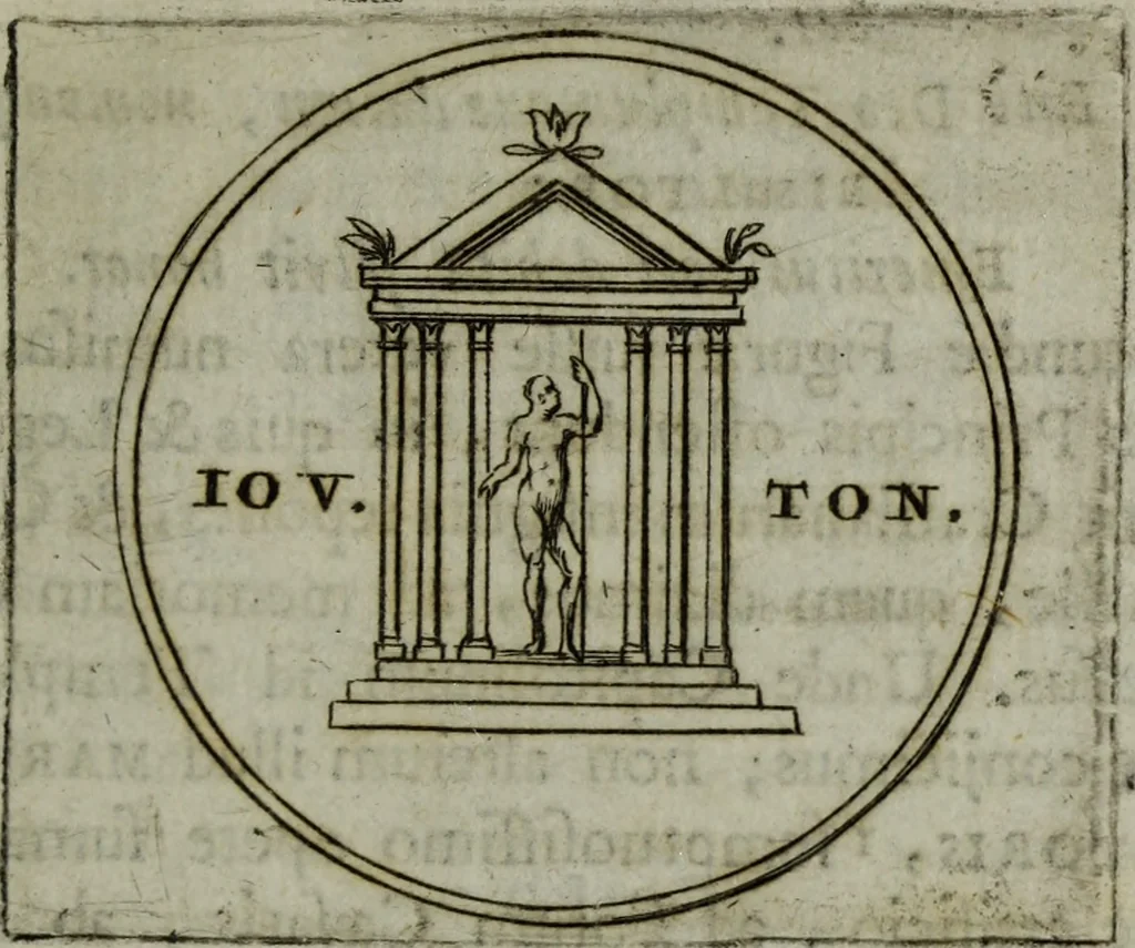 An illustration from Justi Rycquii De Capitolio romano commentarius : in quo illustria ejus olim aedificia, sacra, & profana : deorum dearumque nomina : arcus item triumphales, columnae, statuae, tropaea, colossi, caeteraque ornamenta ad curate describuntur : & plura alia antiquitatis monimenta proferuntur, emendantur, explicantur : figuris aenis & notis viri philologi illustrata & aucta, 1696, leaf 386