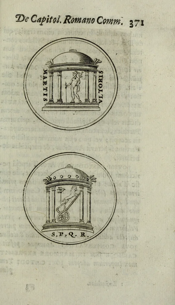 An illustration from Justi Rycquii De Capitolio romano commentarius : in quo illustria ejus olim aedificia, sacra, & profana : deorum dearumque nomina : arcus item triumphales, columnae, statuae, tropaea, colossi, caeteraque ornamenta ad curate describuntur : & plura alia antiquitatis monimenta proferuntur, emendantur, explicantur : figuris aenis & notis viri philologi illustrata & aucta, 1696, leaf 388