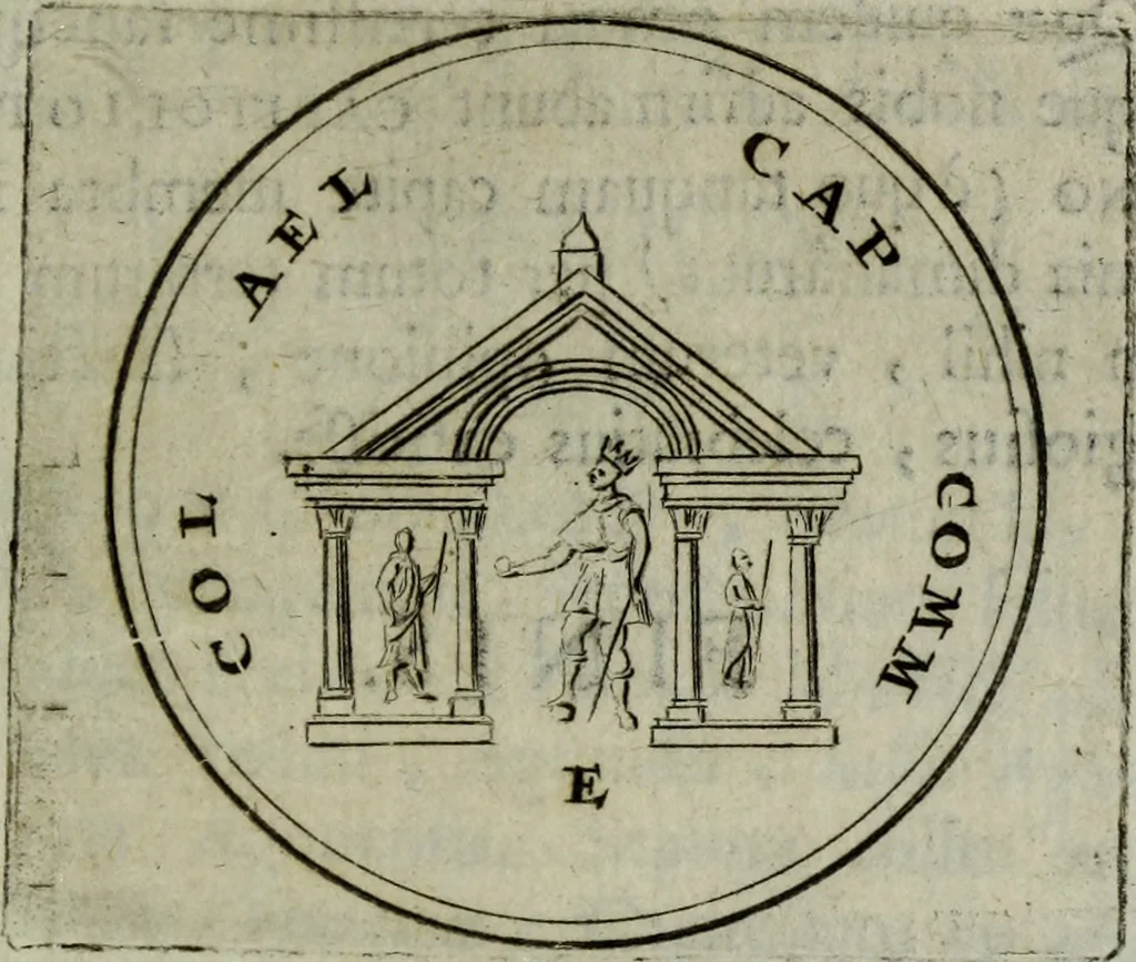 An illustration from Justi Rycquii De Capitolio romano commentarius : in quo illustria ejus olim aedificia, sacra, & profana : deorum dearumque nomina : arcus item triumphales, columnae, statuae, tropaea, colossi, caeteraque ornamenta ad curate describuntur : & plura alia antiquitatis monimenta proferuntur, emendantur, explicantur : figuris aenis & notis viri philologi illustrata & aucta, 1696, leaf 472