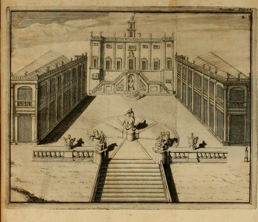 An illustration from Justi Rycquii De Capitolio romano commentarius : in quo illustria ejus olim aedificia, sacra, & profana : deorum dearumque nomina : arcus item triumphales, columnae, statuae, tropaea, colossi, caeteraque ornamenta ad curate describuntur : & plura alia antiquitatis monimenta proferuntur, emendantur, explicantur : figuris aenis & notis viri philologi illustrata & aucta, 1696, leaf 526