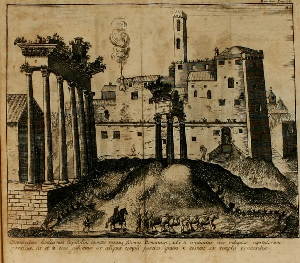An illustration from Justi Rycquii De Capitolio romano commentarius : in quo illustria ejus olim aedificia, sacra, & profana : deorum dearumque nomina : arcus item triumphales, columnae, statuae, tropaea, colossi, caeteraque ornamenta ad curate describuntur : & plura alia antiquitatis monimenta proferuntur, emendantur, explicantur : figuris aenis & notis viri philologi illustrata & aucta, 1696, leaf 528