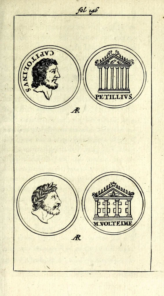 An illustration from Justi Rycquii De Capitolio Romano commentarius : in quo, illustria ejus olim aedificia, sacra, & profana : deorum dearumque nomina, arcus item triumphales, columnae, statuae, tropaea, colossi, caeteraque ornamenta adcuratè describuntur, & plura alia antiquitatis monimenta proferuntur, emendantur, explicantur, 1669, leaf 187