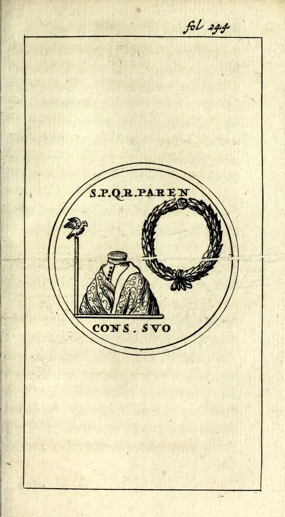 An illustration from Justi Rycquii De Capitolio Romano commentarius : in quo, illustria ejus olim aedificia, sacra, & profana : deorum dearumque nomina, arcus item triumphales, columnae, statuae, tropaea, colossi, caeteraque ornamenta adcuratè describuntur, & plura alia antiquitatis monimenta proferuntur, emendantur, explicantur, 1669, leaf 293