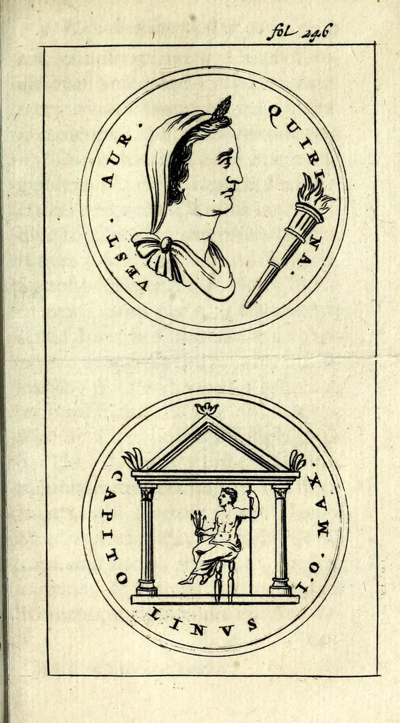 An illustration from Justi Rycquii De Capitolio Romano commentarius : in quo, illustria ejus olim aedificia, sacra, & profana : deorum dearumque nomina, arcus item triumphales, columnae, statuae, tropaea, colossi, caeteraque ornamenta adcuratè describuntur, & plura alia antiquitatis monimenta proferuntur, emendantur, explicantur, 1669, leaf 297