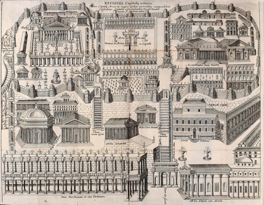 An illustration from Justi Rycquii De Capitolio Romano commentarius : in quo, illustria ejus olim aedificia, sacra, & profana : deorum dearumque nomina, arcus item triumphales, columnae, statuae, tropaea, colossi, caeteraque ornamenta adcuratè describuntur, & plura alia antiquitatis monimenta proferuntur, emendantur, explicantur, 1669, leaf 37