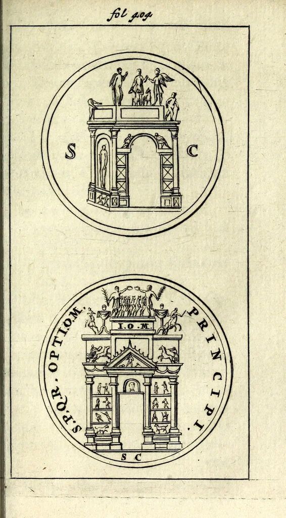 An illustration from Justi Rycquii De Capitolio Romano commentarius : in quo, illustria ejus olim aedificia, sacra, & profana : deorum dearumque nomina, arcus item triumphales, columnae, statuae, tropaea, colossi, caeteraque ornamenta adcuratè describuntur, & plura alia antiquitatis monimenta proferuntur, emendantur, explicantur, 1669, leaf 465