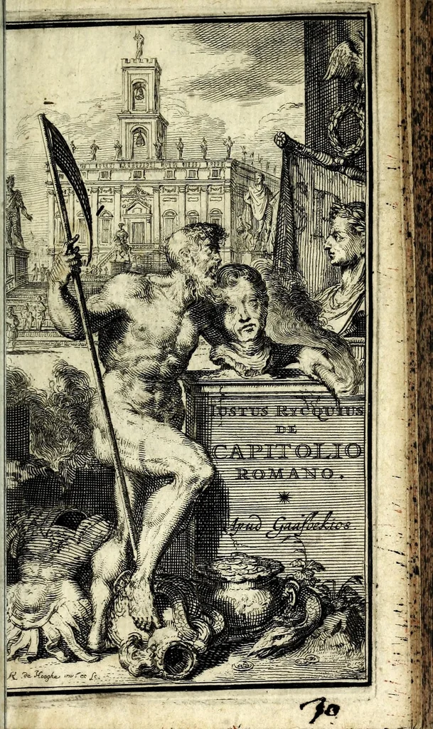 An illustration from Justi Rycquii De Capitolio Romano commentarius : in quo, illustria ejus olim aedificia, sacra, & profana : deorum dearumque nomina, arcus item triumphales, columnae, statuae, tropaea, colossi, caeteraque ornamenta adcuratè describuntur, & plura alia antiquitatis monimenta proferuntur, emendantur, explicantur, 1669, leaf 5