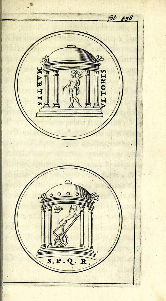 An illustration from Justi Rycquii De Capitolio Romano commentarius : in quo, illustria ejus olim aedificia, sacra, & profana : deorum dearumque nomina, arcus item triumphales, columnae, statuae, tropaea, colossi, caeteraque ornamenta adcuratè describuntur, & plura alia antiquitatis monimenta proferuntur, emendantur, explicantur, 1669, leaf 523