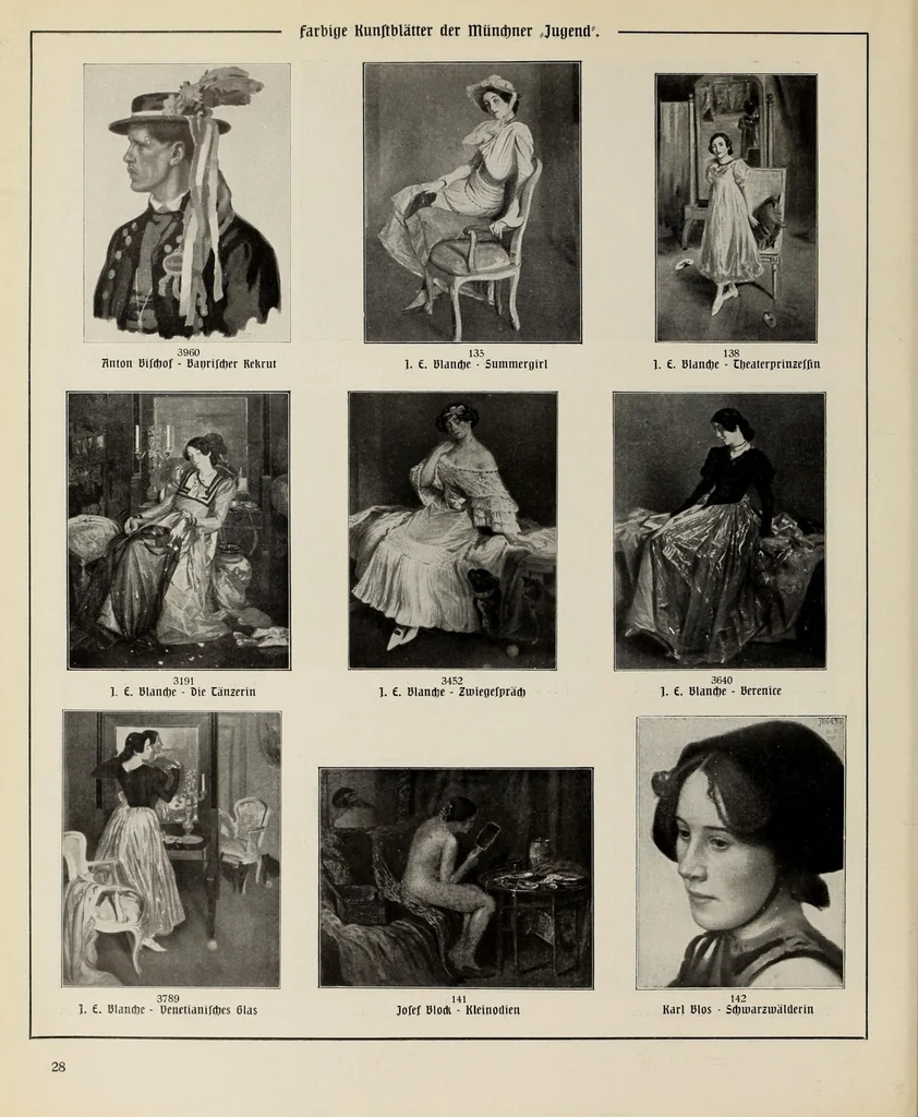 An illustration from Katalog der farbigen Kunstblätter aus der München Jugend : Sonder-Ausgabe der 3000 Kunstblätter der Jugend : ausgewählt aus den Jahrgängen 1896-1911, 1912, leaf 32