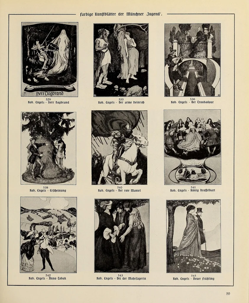 An illustration from Katalog der farbigen Kunstblätter aus der München Jugend : Sonder-Ausgabe der 3000 Kunstblätter der Jugend : ausgewählt aus den Jahrgängen 1896-1911, 1912, leaf 63
