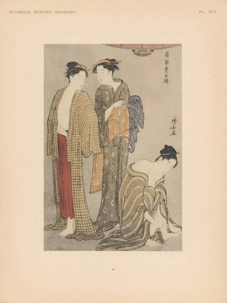 An illustration from Kiyonaga, Buncho, Sharaku : estampes japonaises tirées des collections de mm. Bing, Bouasse-Lebel, Bullier, comte de Camondo, mme E. Chausson, Chialiva ... [et d'autres] Et exposées au Musée des arts décoratifs en janvier 1911, 1911, leaf 85