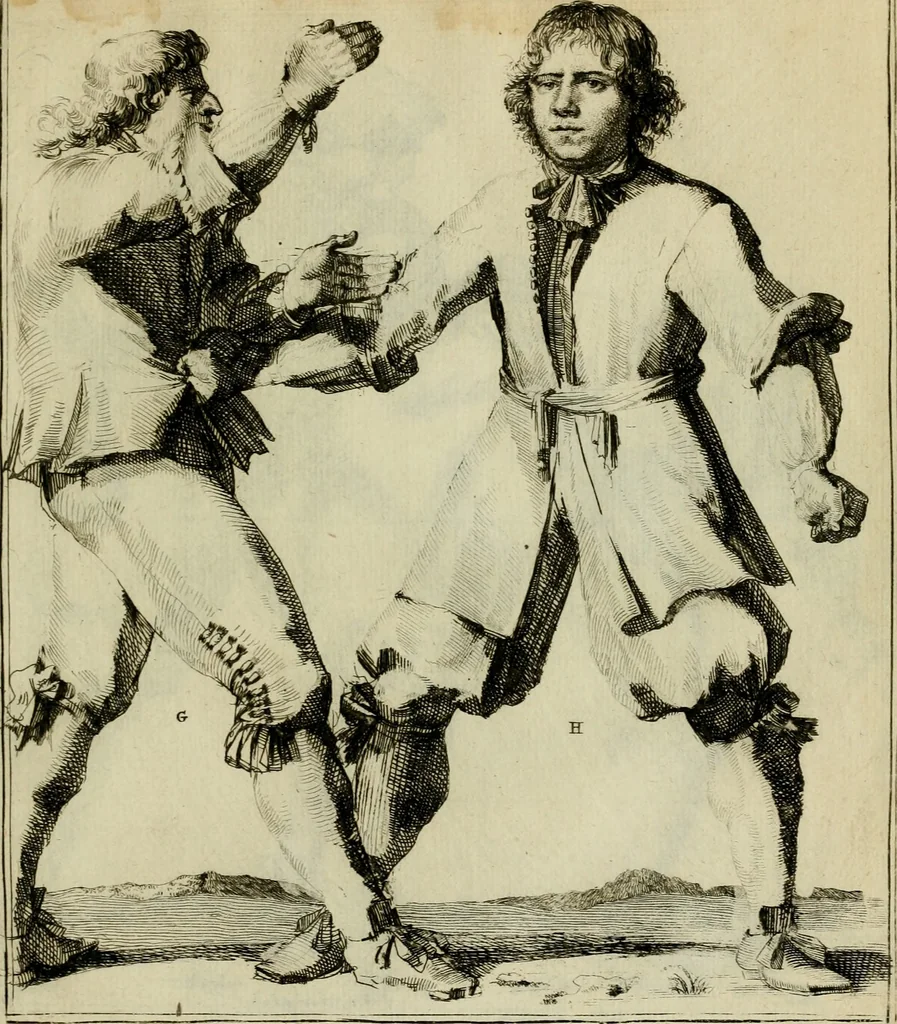 An illustration from Klare onderrichtinge der voortreffelijcke worstel-konst : verhandelende hoemen in alle voorvallen van twist in handtgemeenschap, sich kan hoeden : en alle aengrepen, borst-stooten, vuyst-slagen &c. versetten ..., 1674, leaf 100