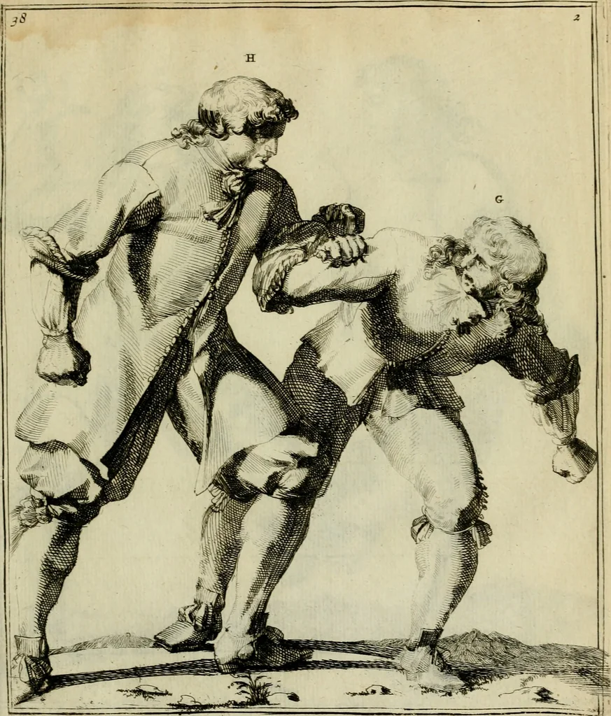 An illustration from Klare onderrichtinge der voortreffelijcke worstel-konst : verhandelende hoemen in alle voorvallen van twist in handtgemeenschap, sich kan hoeden : en alle aengrepen, borst-stooten, vuyst-slagen &c. versetten ..., 1674, leaf 102