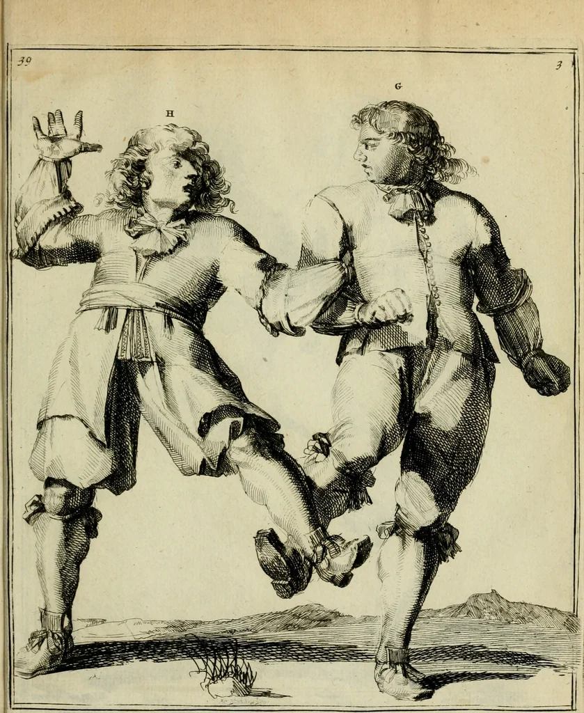 An illustration from Klare onderrichtinge der voortreffelijcke worstel-konst : verhandelende hoemen in alle voorvallen van twist in handtgemeenschap, sich kan hoeden : en alle aengrepen, borst-stooten, vuyst-slagen &c. versetten ..., 1674, leaf 104