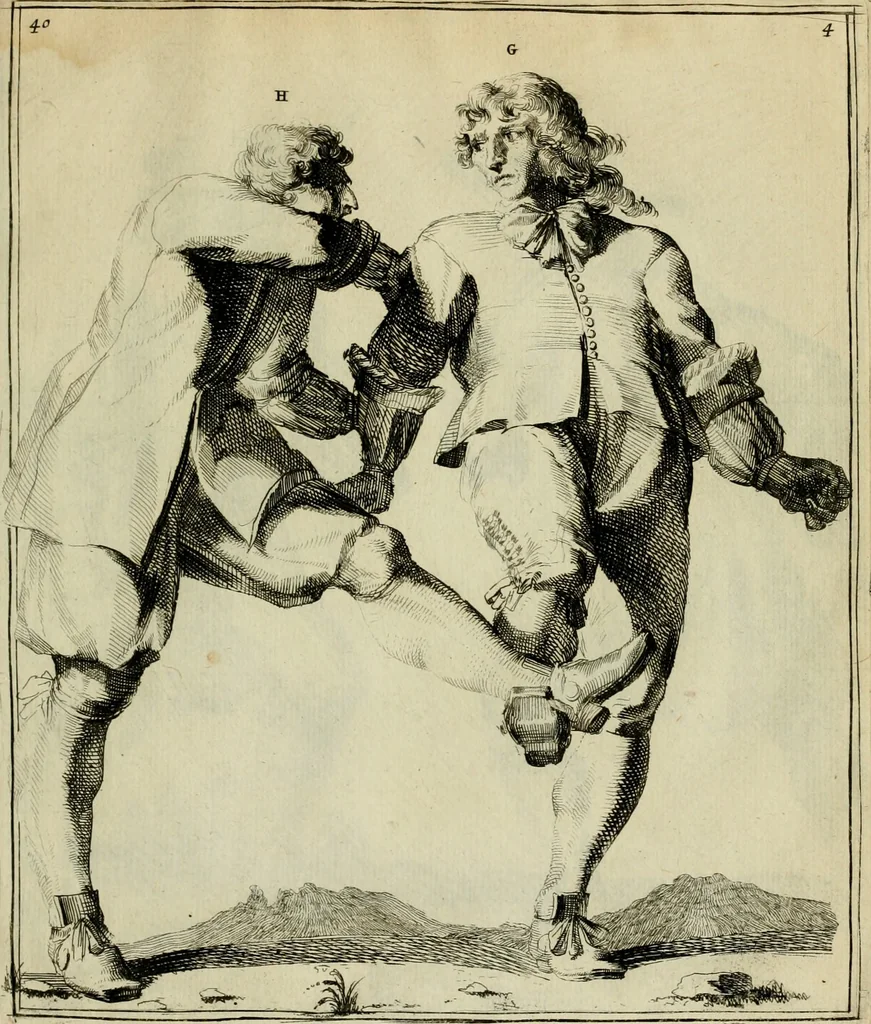 An illustration from Klare onderrichtinge der voortreffelijcke worstel-konst : verhandelende hoemen in alle voorvallen van twist in handtgemeenschap, sich kan hoeden : en alle aengrepen, borst-stooten, vuyst-slagen &c. versetten ..., 1674, leaf 106