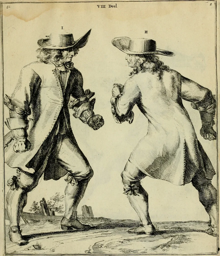 An illustration from Klare onderrichtinge der voortreffelijcke worstel-konst : verhandelende hoemen in alle voorvallen van twist in handtgemeenschap, sich kan hoeden : en alle aengrepen, borst-stooten, vuyst-slagen &c. versetten ..., 1674, leaf 108