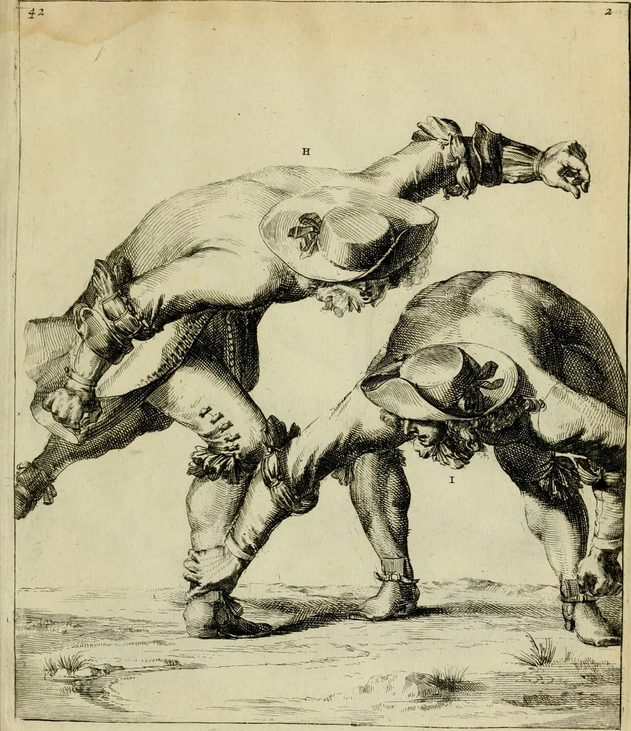 An illustration from Klare onderrichtinge der voortreffelijcke worstel-konst : verhandelende hoemen in alle voorvallen van twist in handtgemeenschap, sich kan hoeden : en alle aengrepen, borst-stooten, vuyst-slagen &c. versetten ..., 1674, leaf 110