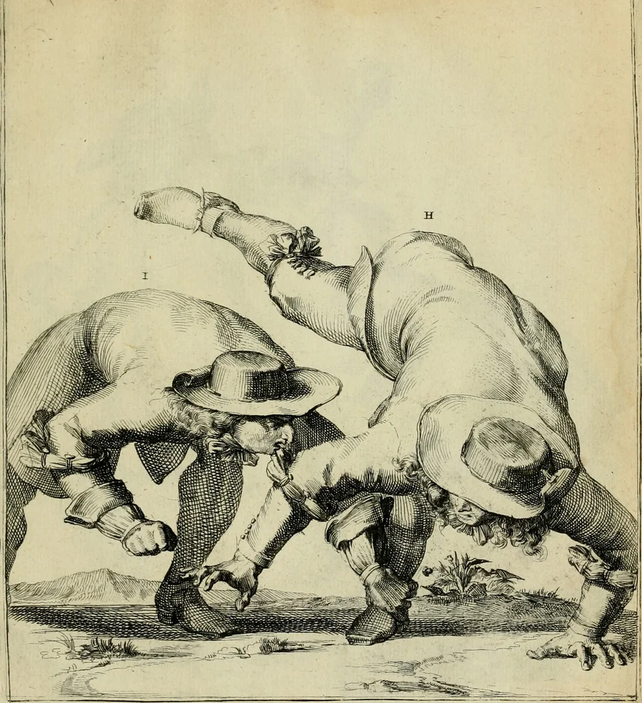 An illustration from Klare onderrichtinge der voortreffelijcke worstel-konst : verhandelende hoemen in alle voorvallen van twist in handtgemeenschap, sich kan hoeden : en alle aengrepen, borst-stooten, vuyst-slagen &c. versetten ..., 1674, leaf 112