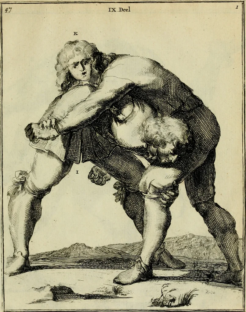 An illustration from Klare onderrichtinge der voortreffelijcke worstel-konst : verhandelende hoemen in alle voorvallen van twist in handtgemeenschap, sich kan hoeden : en alle aengrepen, borst-stooten, vuyst-slagen &c. versetten ..., 1674, leaf 120