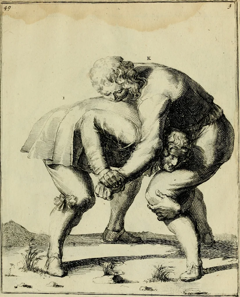 An illustration from Klare onderrichtinge der voortreffelijcke worstel-konst : verhandelende hoemen in alle voorvallen van twist in handtgemeenschap, sich kan hoeden : en alle aengrepen, borst-stooten, vuyst-slagen &c. versetten ..., 1674, leaf 124