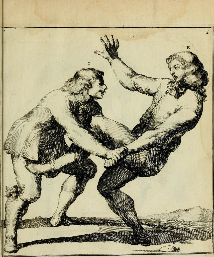 An illustration from Klare onderrichtinge der voortreffelijcke worstel-konst : verhandelende hoemen in alle voorvallen van twist in handtgemeenschap, sich kan hoeden : en alle aengrepen, borst-stooten, vuyst-slagen &c. versetten ..., 1674, leaf 126