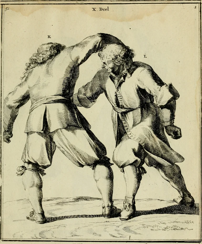 An illustration from Klare onderrichtinge der voortreffelijcke worstel-konst : verhandelende hoemen in alle voorvallen van twist in handtgemeenschap, sich kan hoeden : en alle aengrepen, borst-stooten, vuyst-slagen &c. versetten ..., 1674, leaf 128