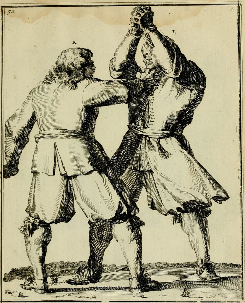 An illustration from Klare onderrichtinge der voortreffelijcke worstel-konst : verhandelende hoemen in alle voorvallen van twist in handtgemeenschap, sich kan hoeden : en alle aengrepen, borst-stooten, vuyst-slagen &c. versetten ..., 1674, leaf 130