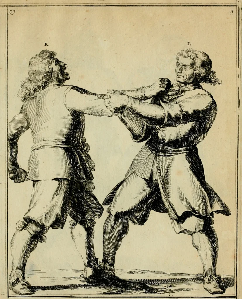 An illustration from Klare onderrichtinge der voortreffelijcke worstel-konst : verhandelende hoemen in alle voorvallen van twist in handtgemeenschap, sich kan hoeden : en alle aengrepen, borst-stooten, vuyst-slagen &c. versetten ..., 1674, leaf 132